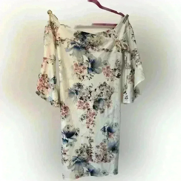 Bebe Ivory Multi Pink Blue Floral Off Shoulder Bell Sleeve Dress - Picture 5 of 7